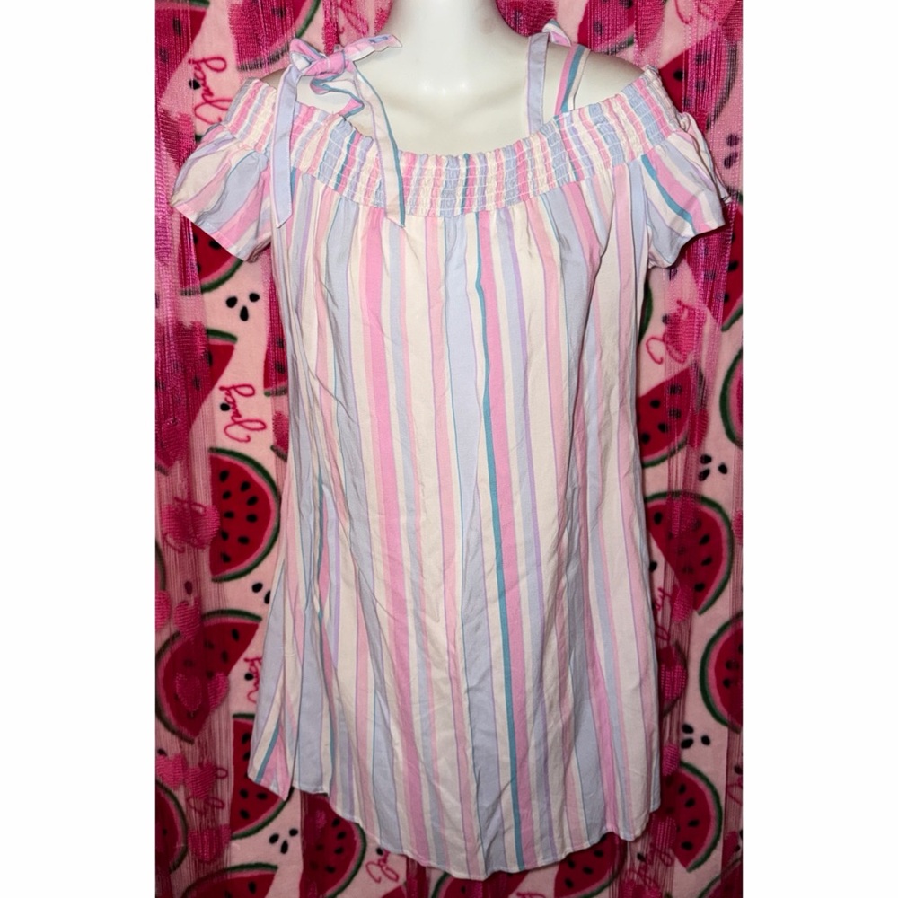 🩷🩵 Candie's Pastel Striped Off The Shoulder Mini Dress